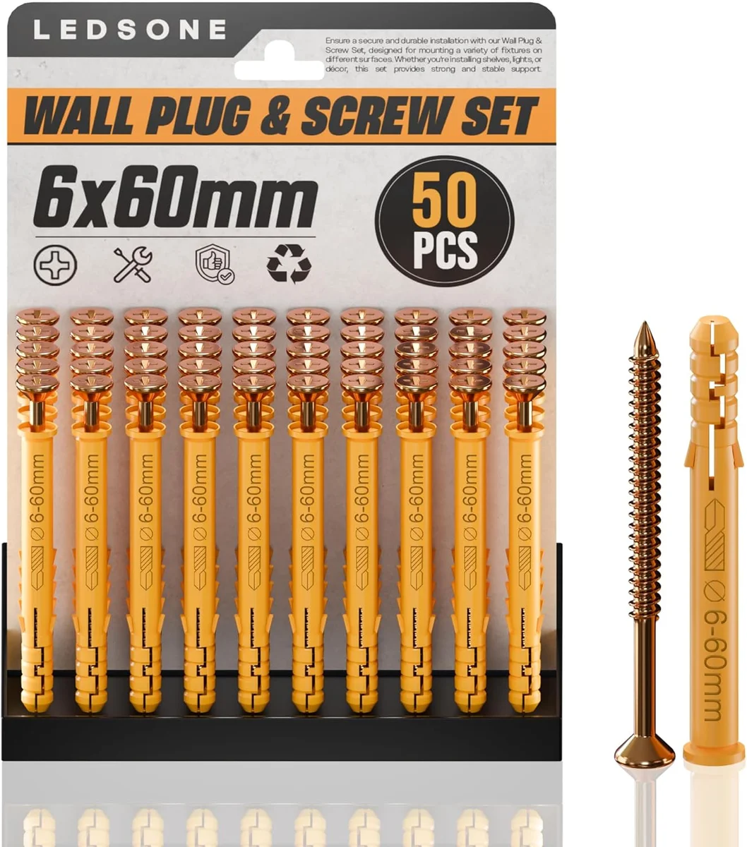 Set of anti slip wall plugs and flat head steel screws for secure fixing in brick, concrete, and drywall surfaces