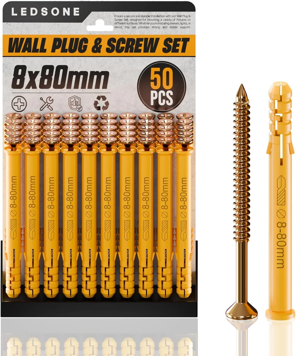 Anti slip wall plugs and flat head steel screws arranged on white background showing expansion grip design