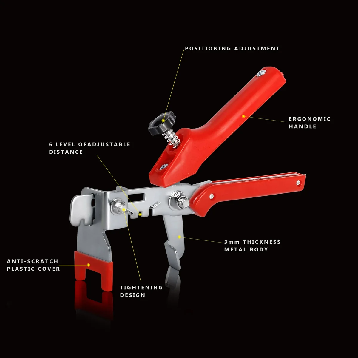 Tile leveling system pliers with vibrant orange reusable tile wedges and black ergonomic handles on white background