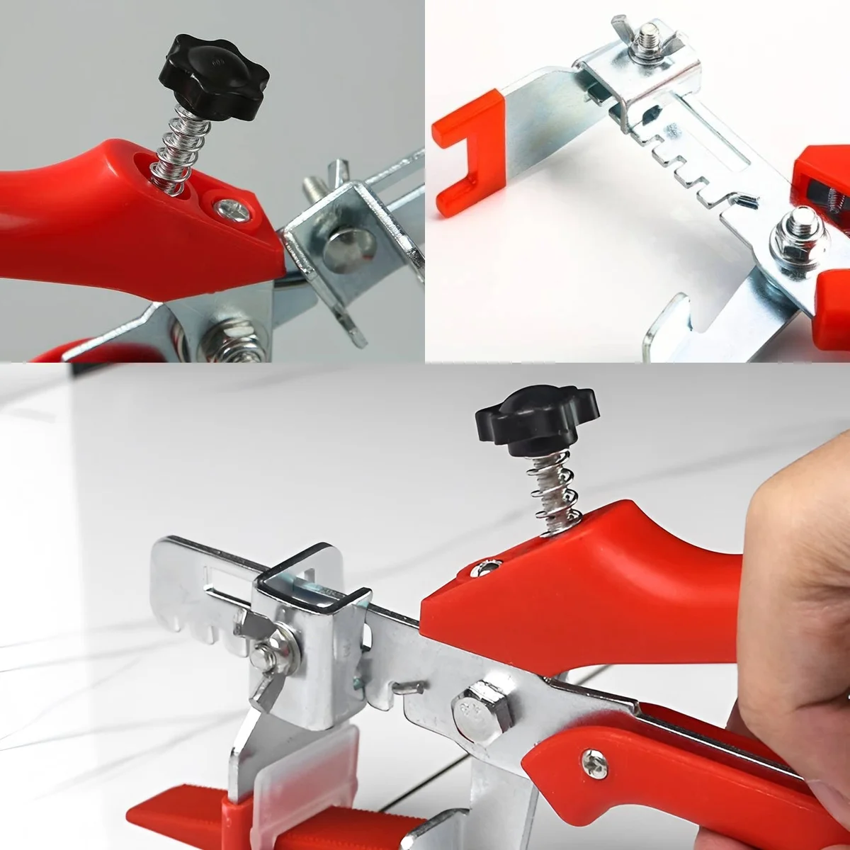 Orange and black tile alignment tool with ergonomic pliers and reusable spacers for precise tile installation