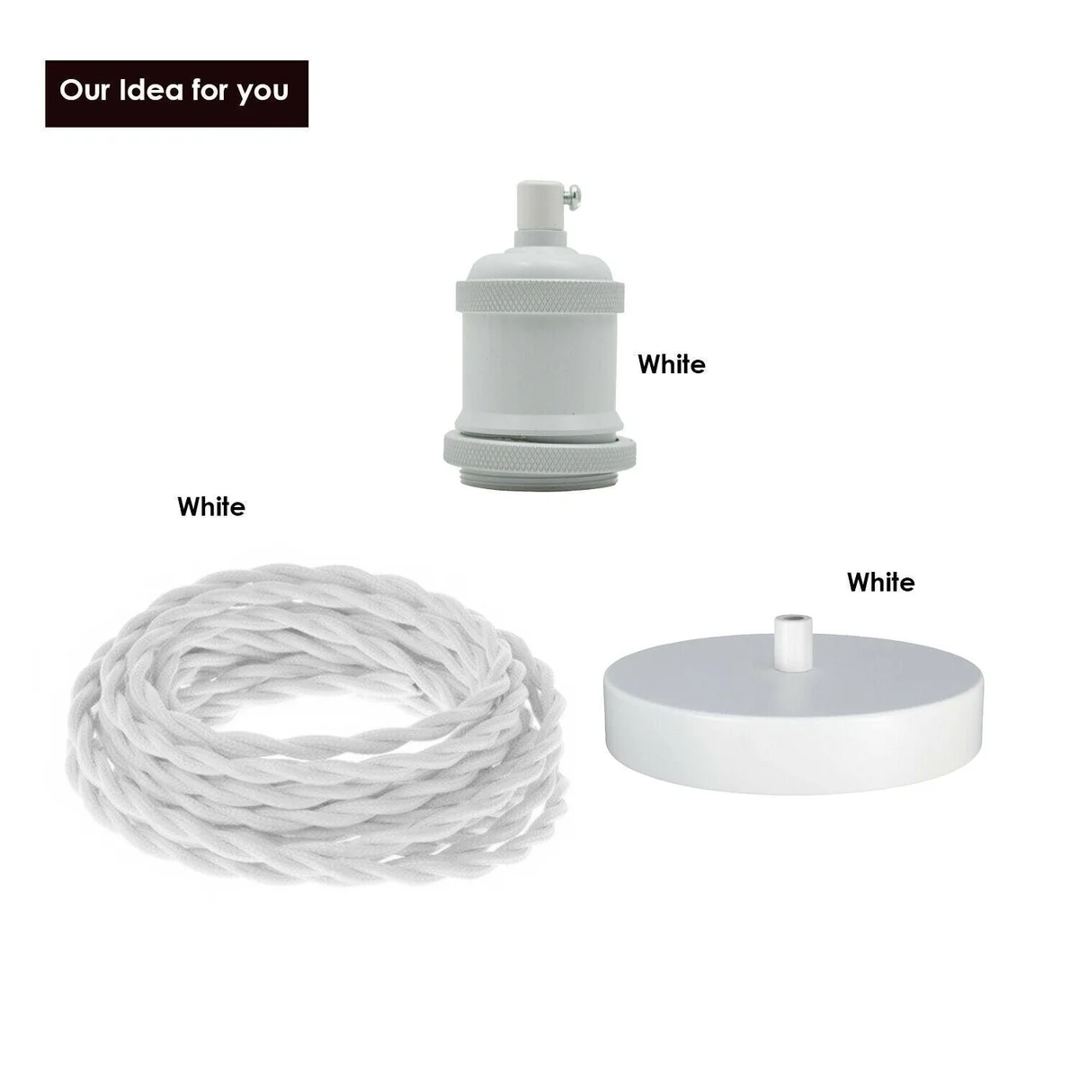 Black fabric cable pendant light with ceiling rose, E27 bulb holder, and twisted fabric cable laid flat on white background