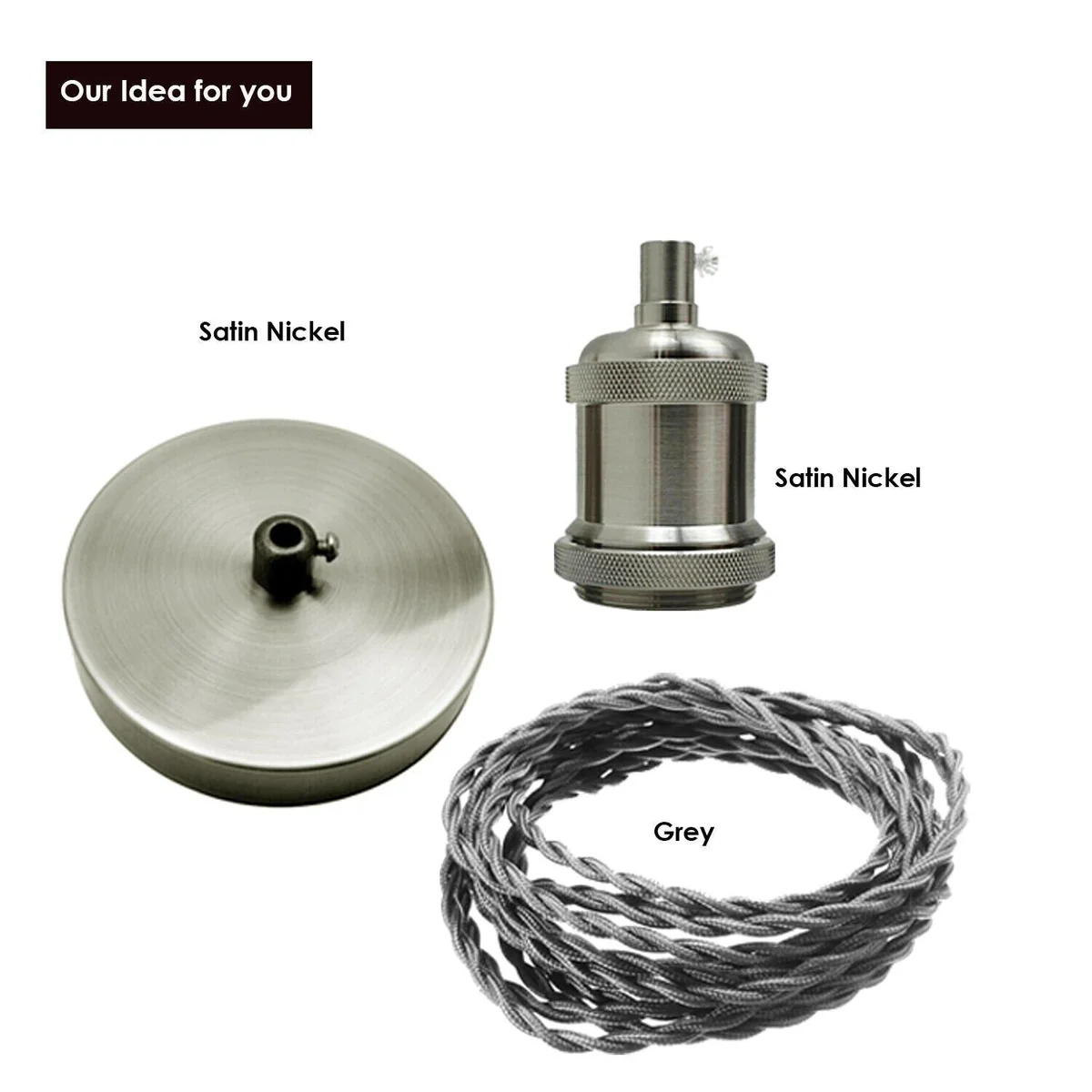 Black twisted fabric cable attached to white ceiling rose and E27 bulb holder with metal bracket and screws