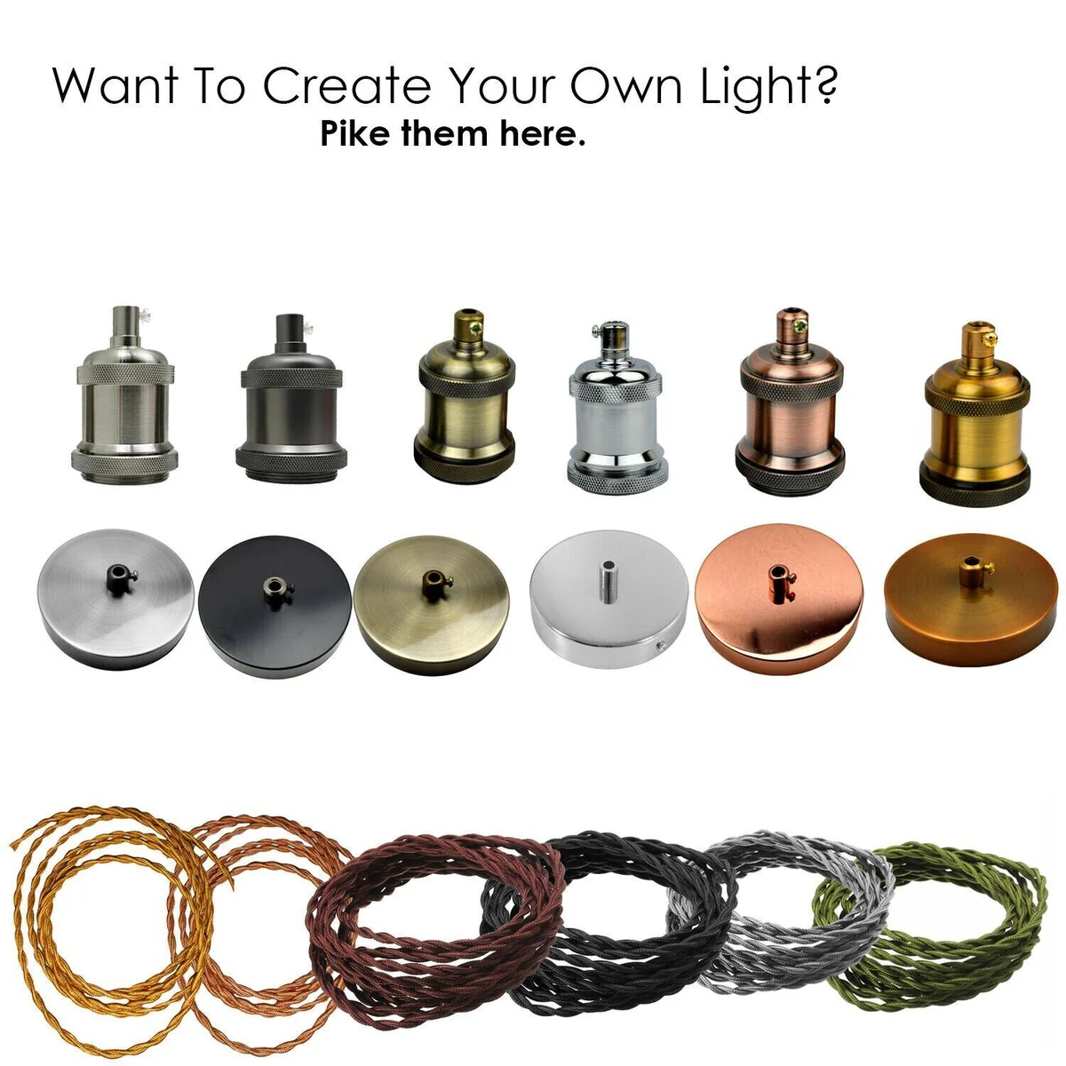 Black fabric cable, white ceiling rose, and E27 ceramic lamp holder accessories for pendant lamp fitting assembly