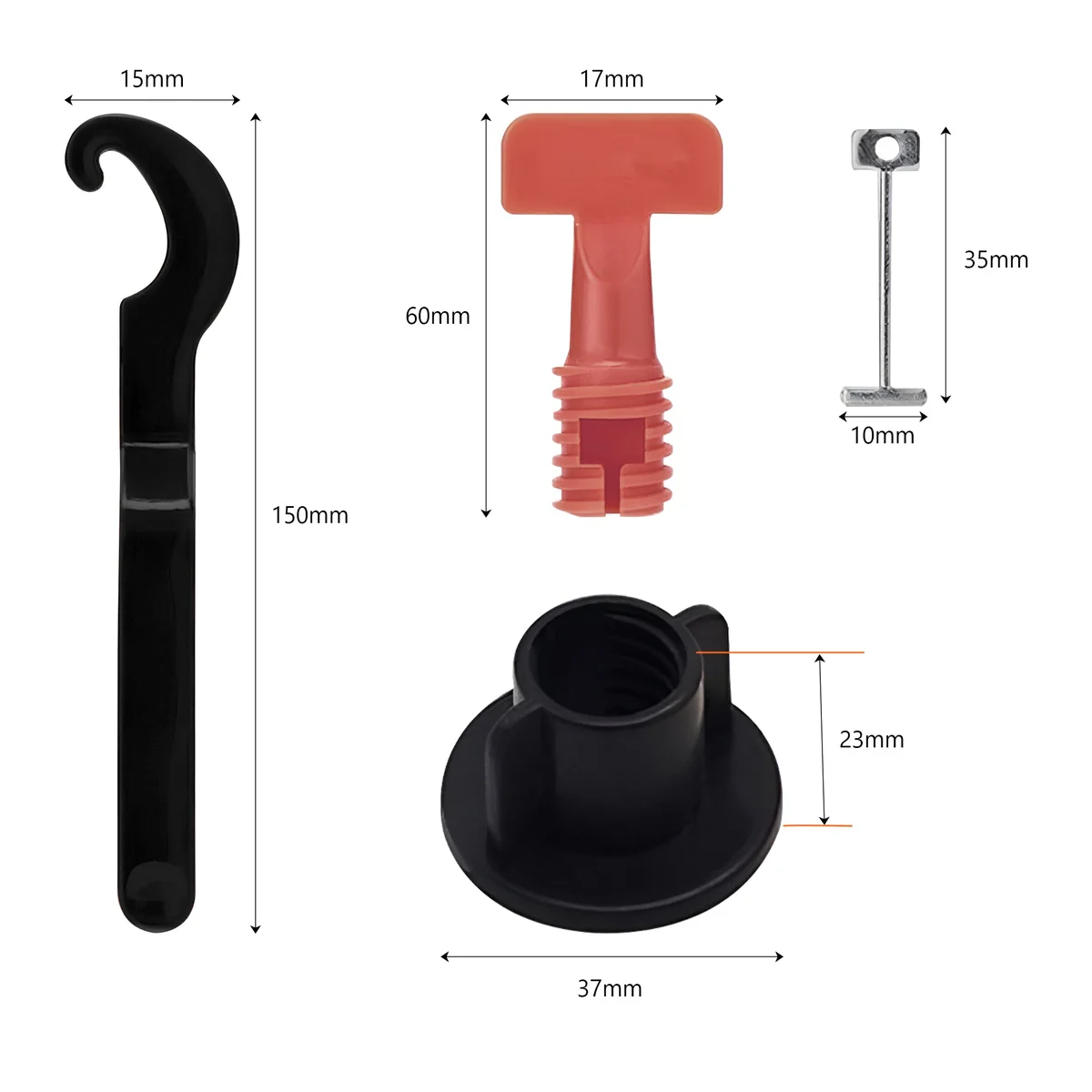 T-shaped reusable tile leveler clips and wrenches for precise wall tile installation with even spacing and alignment