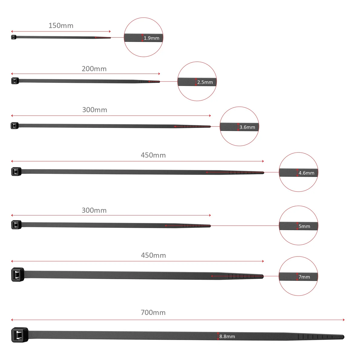 Pack of 100 black heavy-duty nylon cable ties with self-locking design, ideal for organizing cables and wires