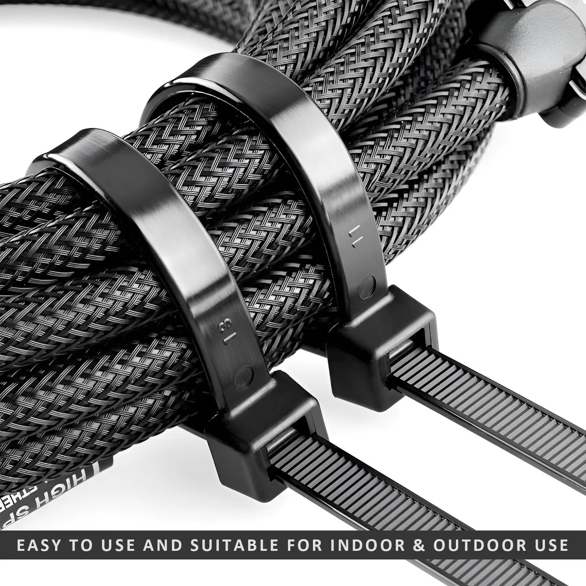 Pack of 100 black heavy duty cable ties neatly bundled, showing durable nylon material and self-locking mechanism