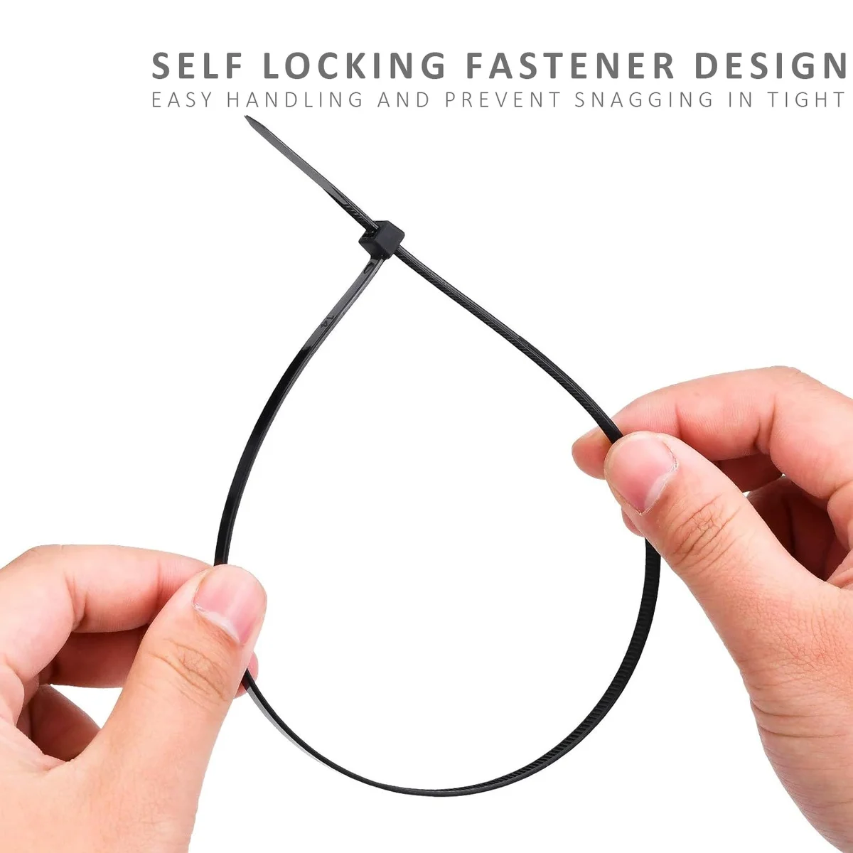Pack of 100 black heavy duty cable ties neatly bundled, showing durable nylon material and self-locking design