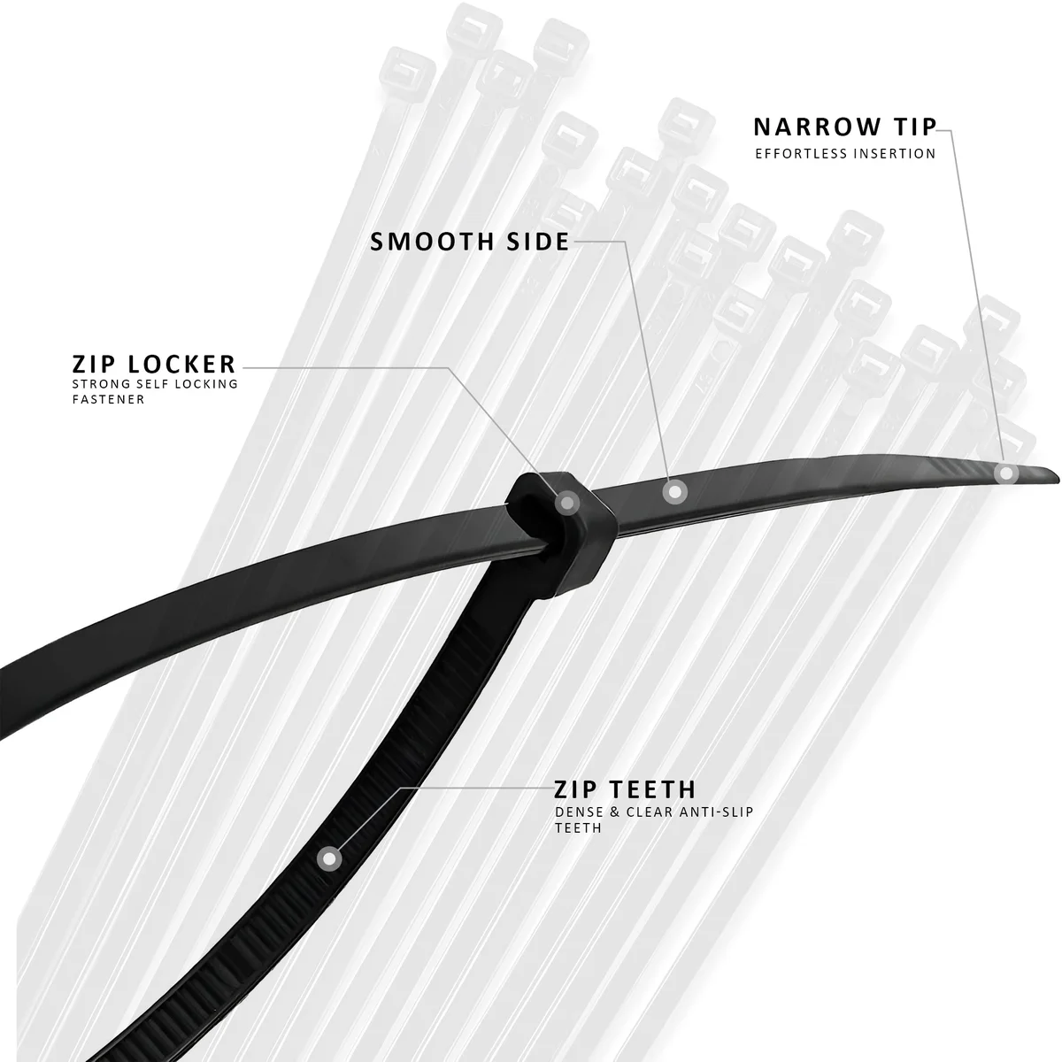 Bundle of black heavy duty cable ties neatly arranged, showing their self-locking feature and durable nylon material