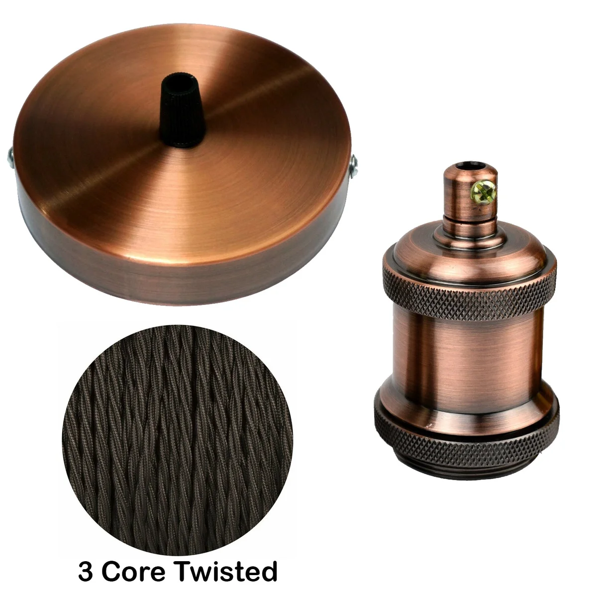 Black E27 lamp holder with ceramic thread, attached to twisted fabric cable and round metal ceiling rose in black finish
