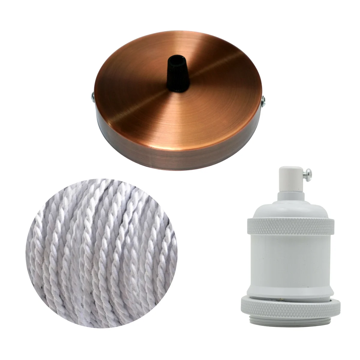 Vintage ceiling rose in satin nickel with white fabric cable and E27 ceramic bulb holder on white background