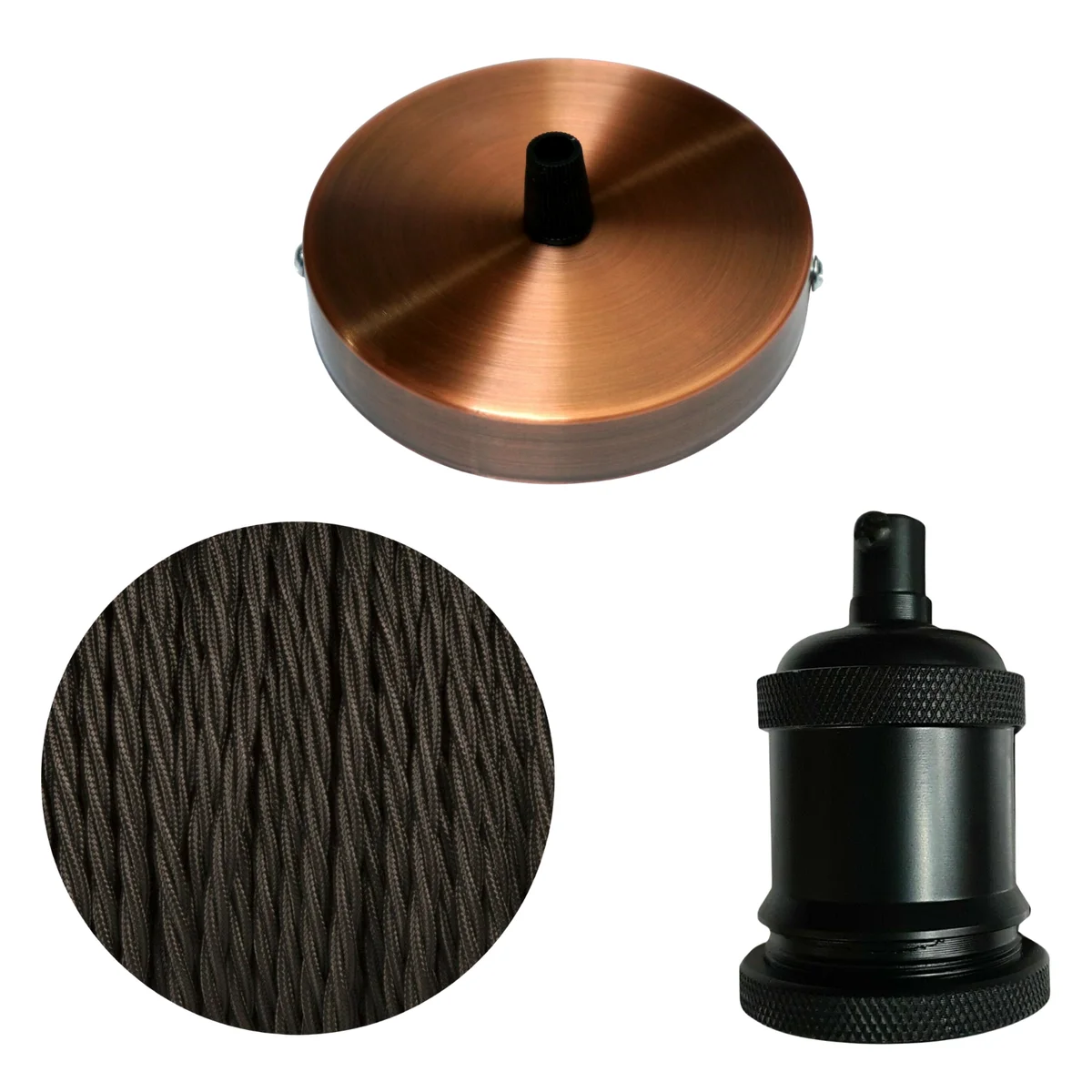 Black vintage ceiling rose with fabric cable and E27 bulb holder, shown disassembled on white background