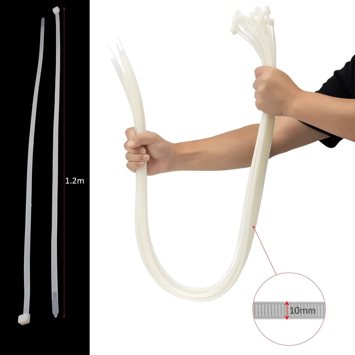 Bundle of white durable cable ties made from nylon with self-locking design for secure cable management, pack of 100 pieces