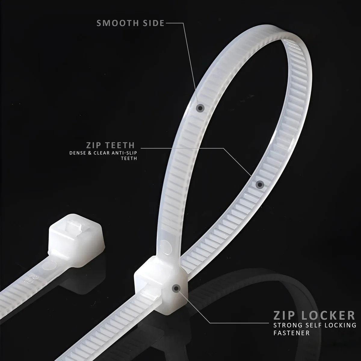Bundle of 100 white cable ties made from durable nylon with self-locking design for secure cable management