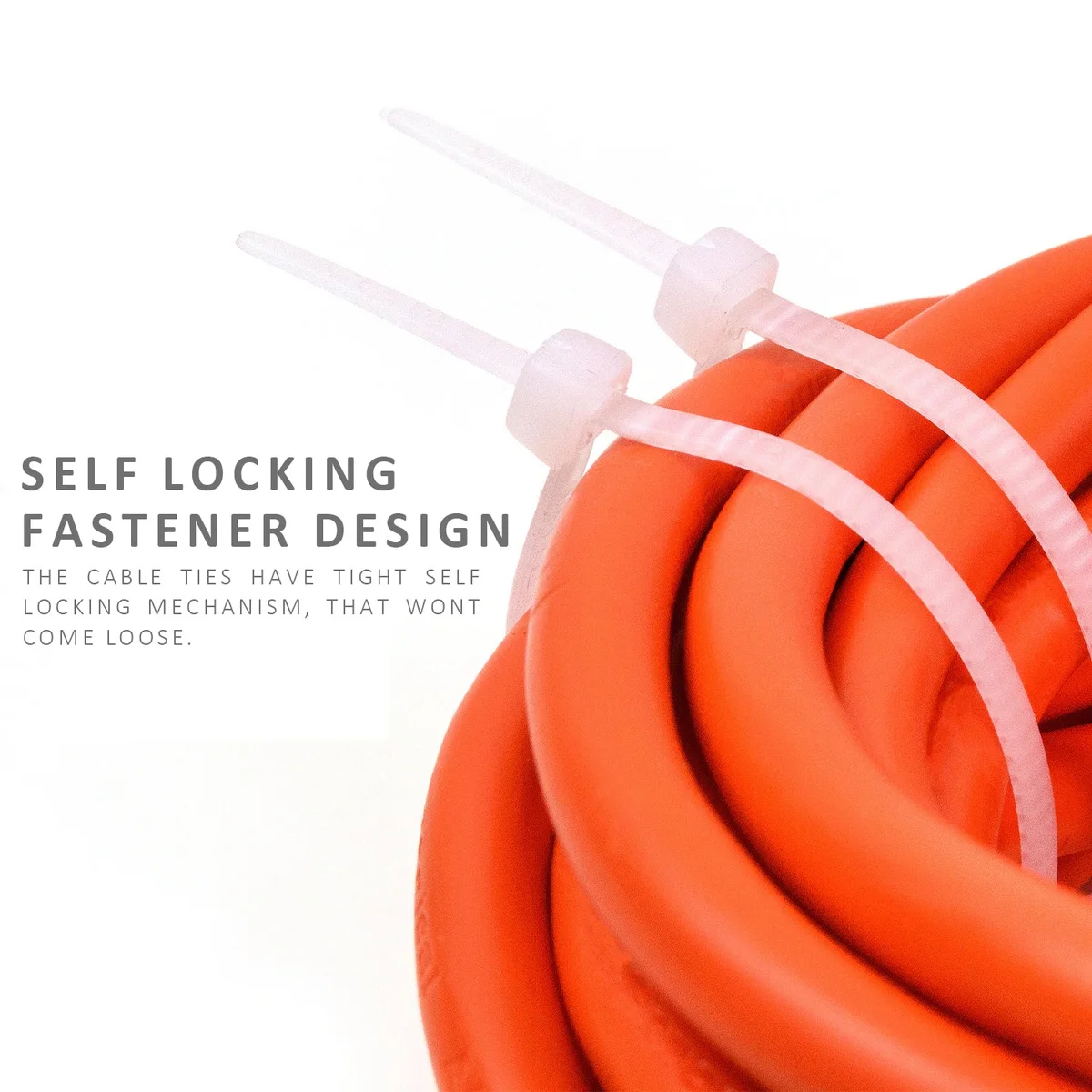 Bundle of white cable ties made from durable nylon with self-locking teeth for secure cable management, 100 pieces per pack