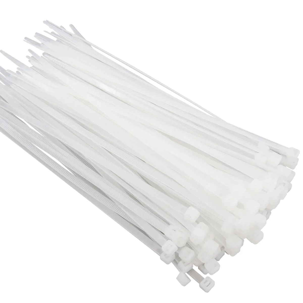 Bundle of 100 durable white cable ties made from UV-resistant nylon with self-locking design for secure cable management