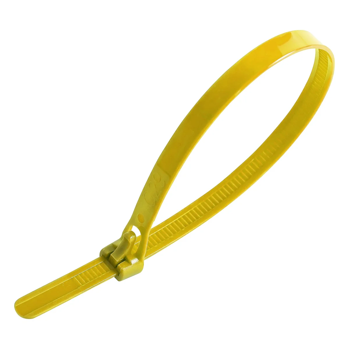 Pack of 100 nylon releasable zip ties with rounded hooks and locking teeth, perfect for cable bundling
