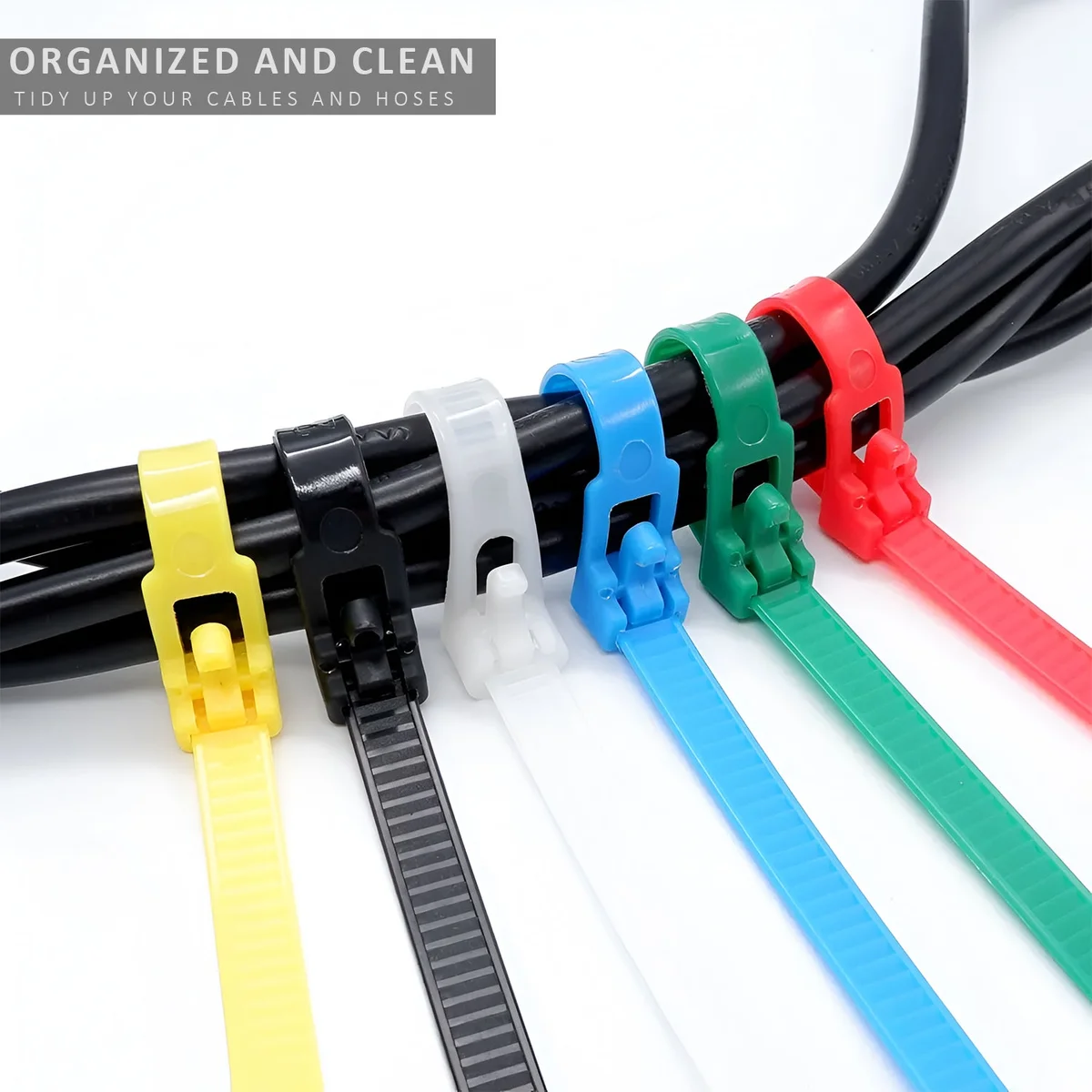 Pack of 100 releasable zip ties in white nylon with rounded hooks and locking teeth