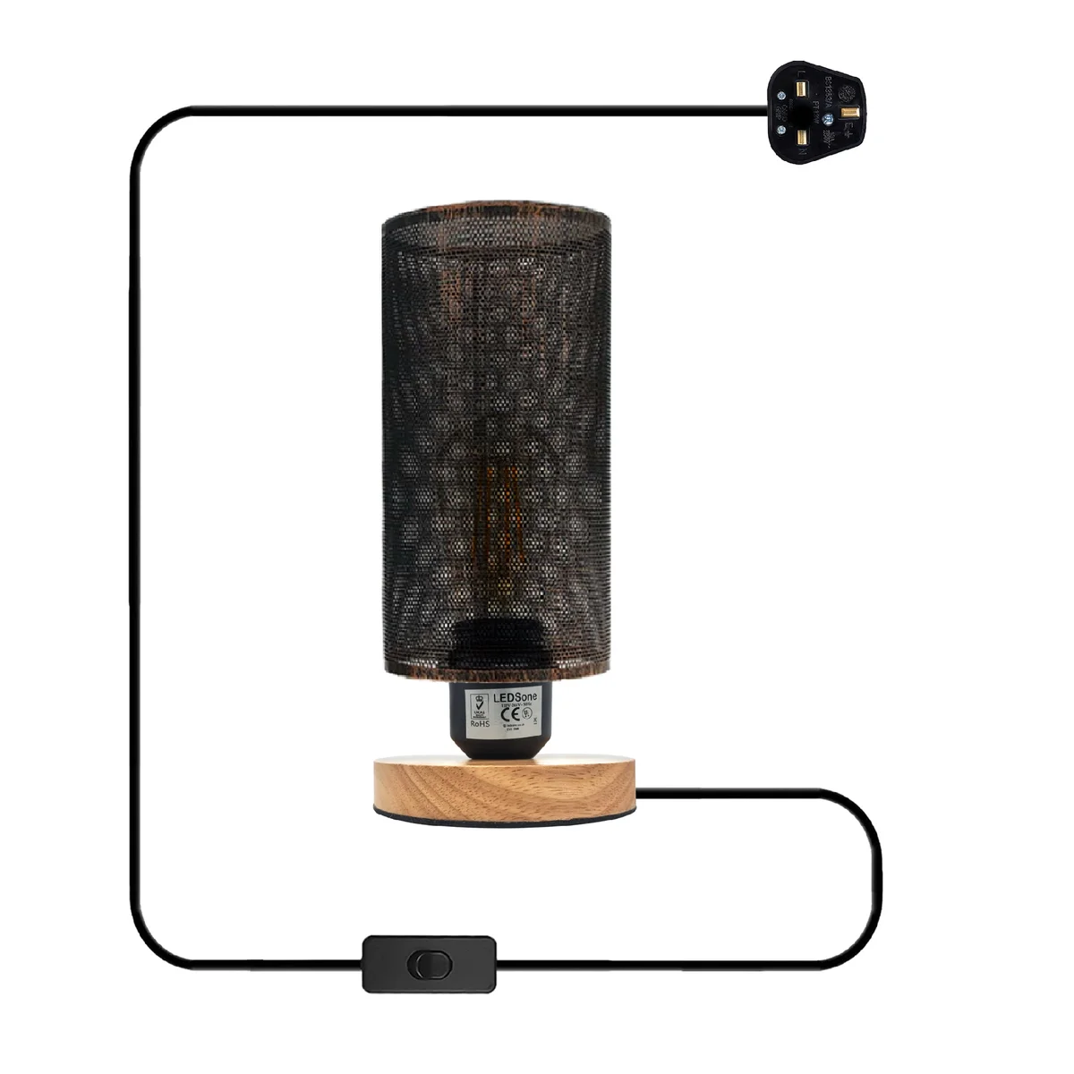 Retro wooden base plug-in table lamp with metal wire cage, E27 socket, and inline on/off switch on wooden surface
