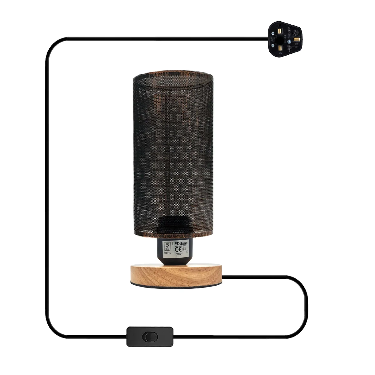 Retro bedside table lamp with metal wire cage and natural wooden base on a white background, no bulb included