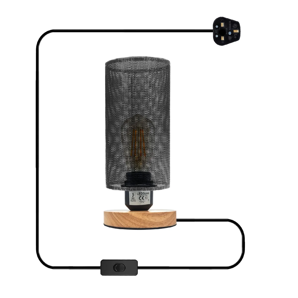 Retro bedside table lamp with metal wire cage and natural wood base, shown on a white background