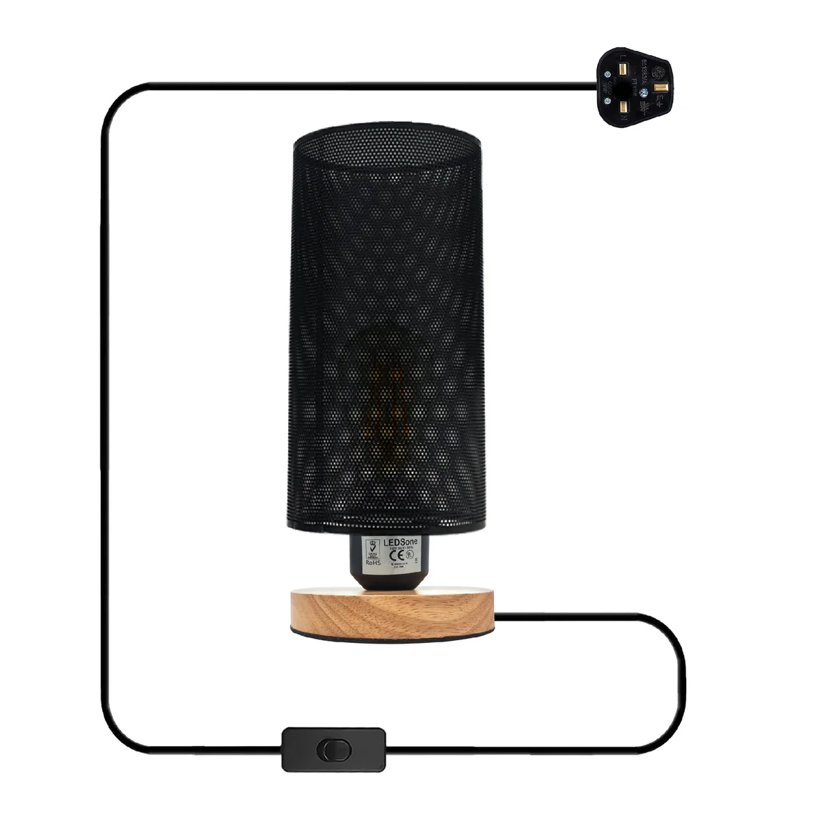 Retro bedside table lamp with metal wire cage and natural wood base, shown lit on a bedside table in a cozy room setting