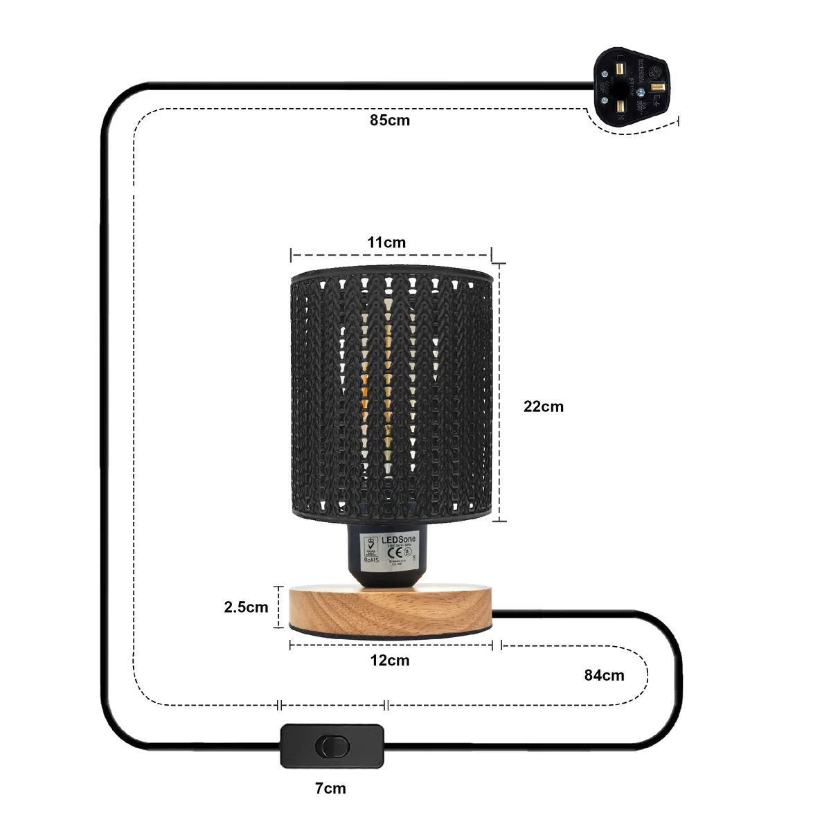 Metal wire cage lamp with natural wood base and E27 socket on adjustable cord with in-line switch