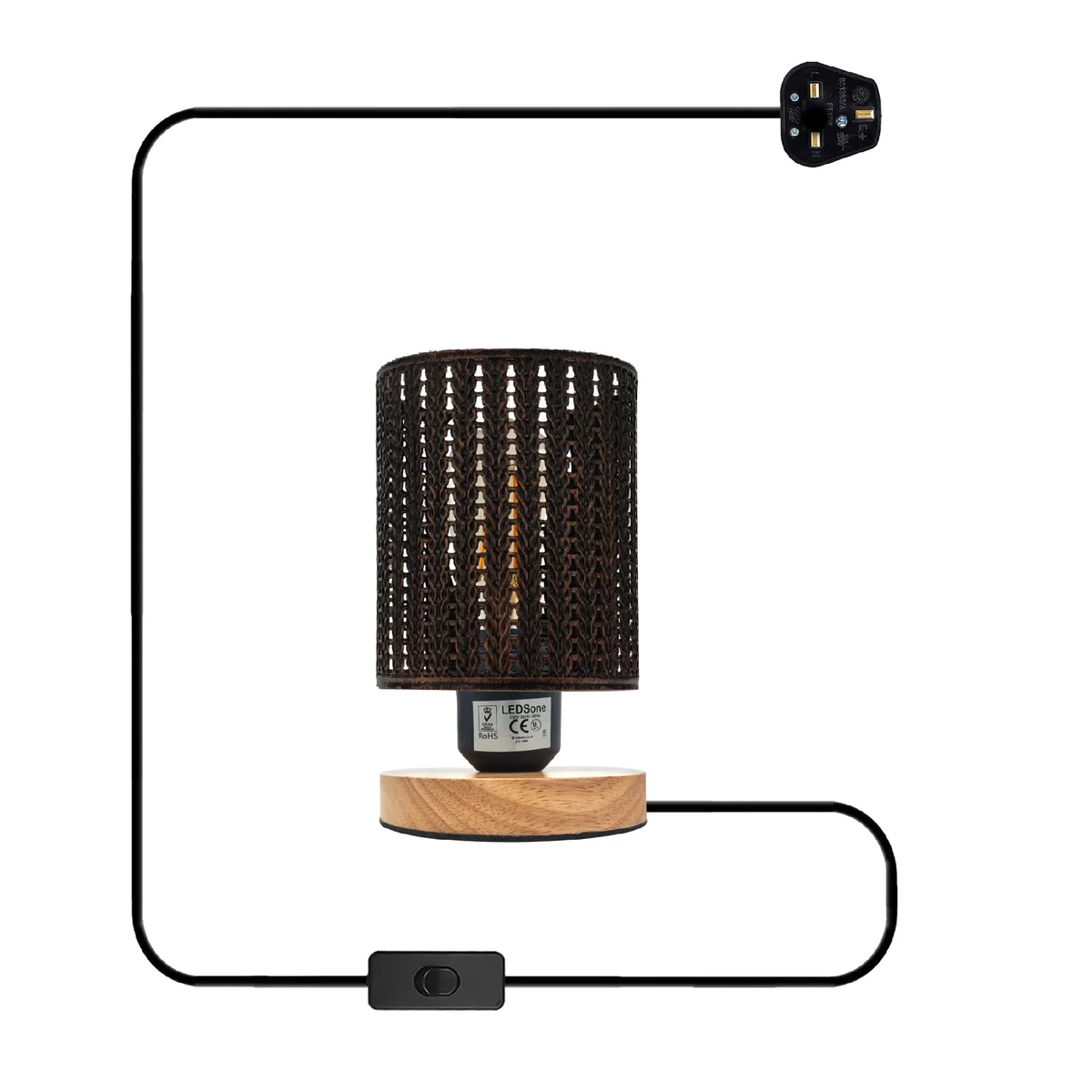Metal wire cage table lamp with wooden base and 2-meter adjustable cord lamp featuring on/off switch and E27 socket