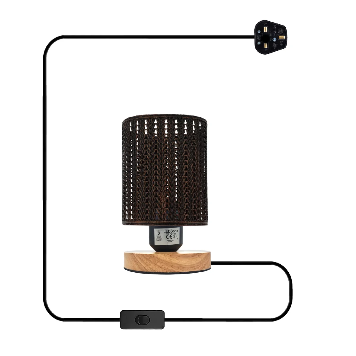Metal wire cage table lamp with wooden base and E27 socket, showcasing an energy efficient lamp design on a side table