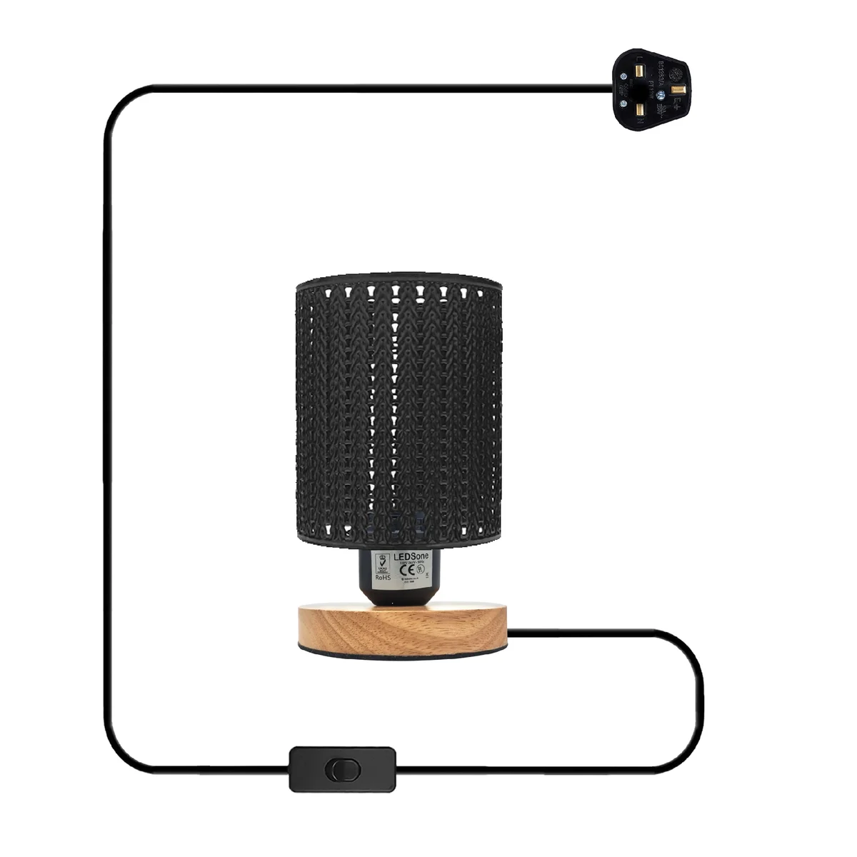 Industrial table lamp with metal wire cage shade and natural wood base on a white background, showing adjustable cord and switch
