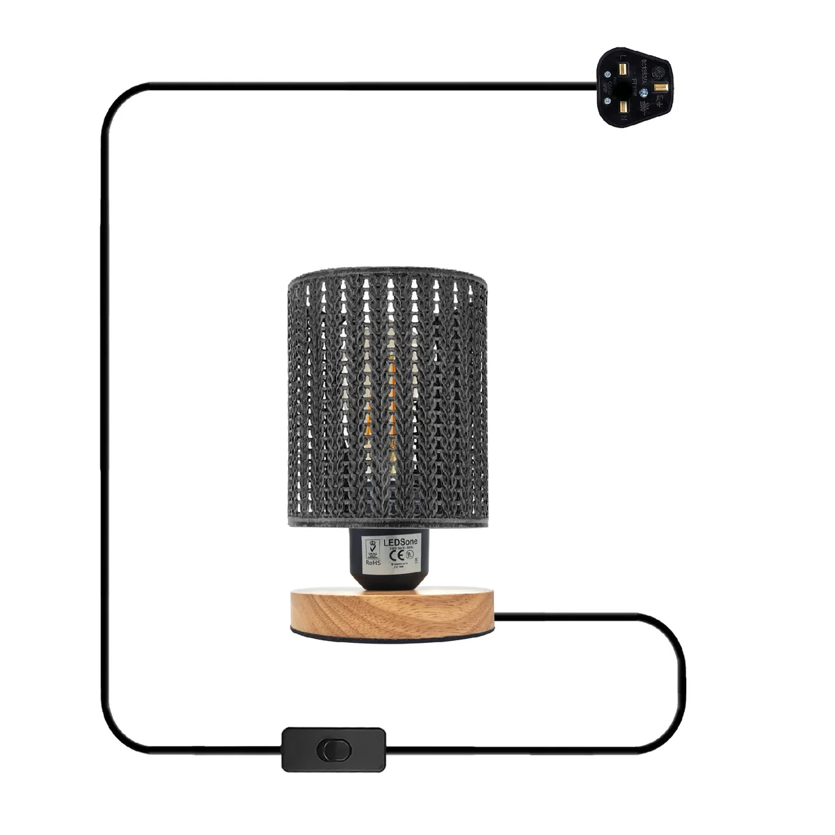 Industrial table lamp with metal wire cage shade and natural wood base, showing adjustable cord and E27 socket details