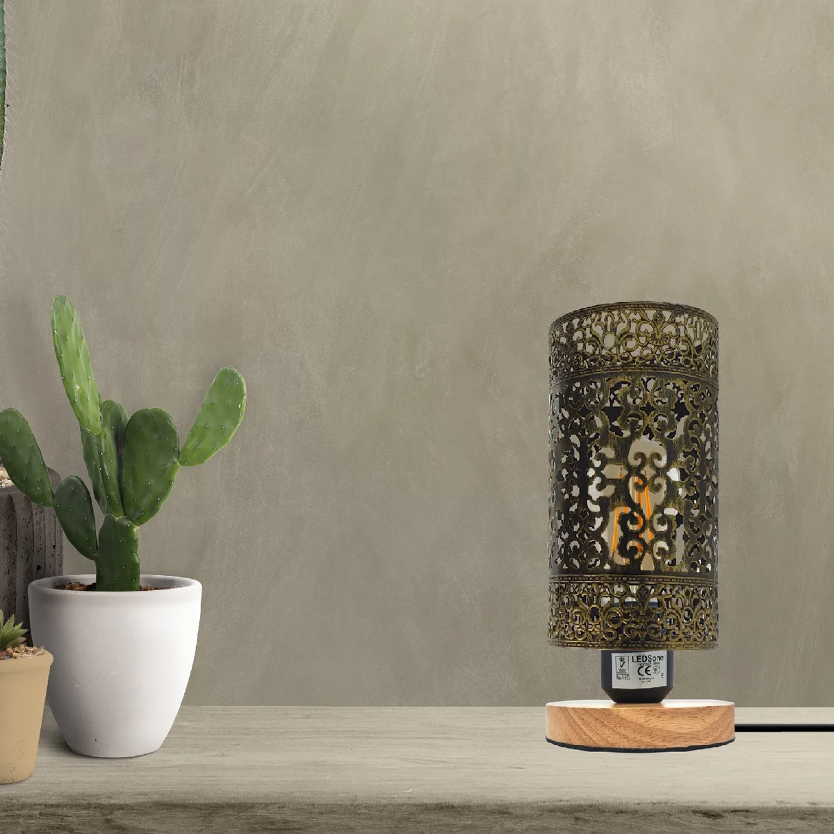 Wooden base table lamp with metal wire cage shade, E27 socket, and 85cm height, ideal for indoor use