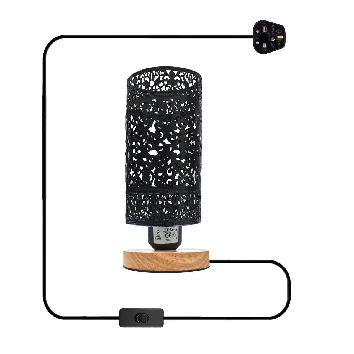 Metal wire cage lamp with natural wood base, E27 socket, and 85cm height, ideal for indoor bedside lighting