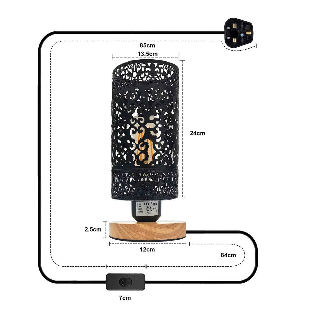 Metal wire cage indoor lighting lamp with natural wooden base and E27 socket on adjustable 84cm cable