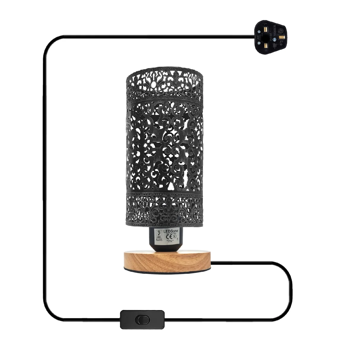 Modern table lamp with metal wire cage shade and natural wooden base on a white background, no bulb included