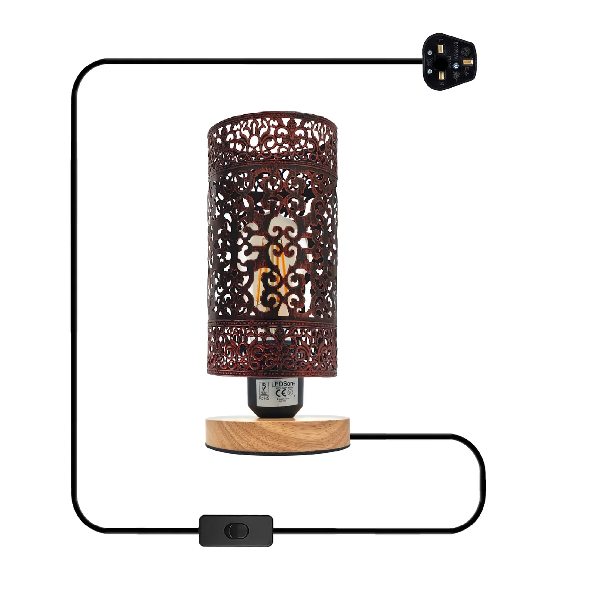 Metal wire cage living room lamp with natural wooden base and E27 socket, 85cm tall, plug-in with on/off switch