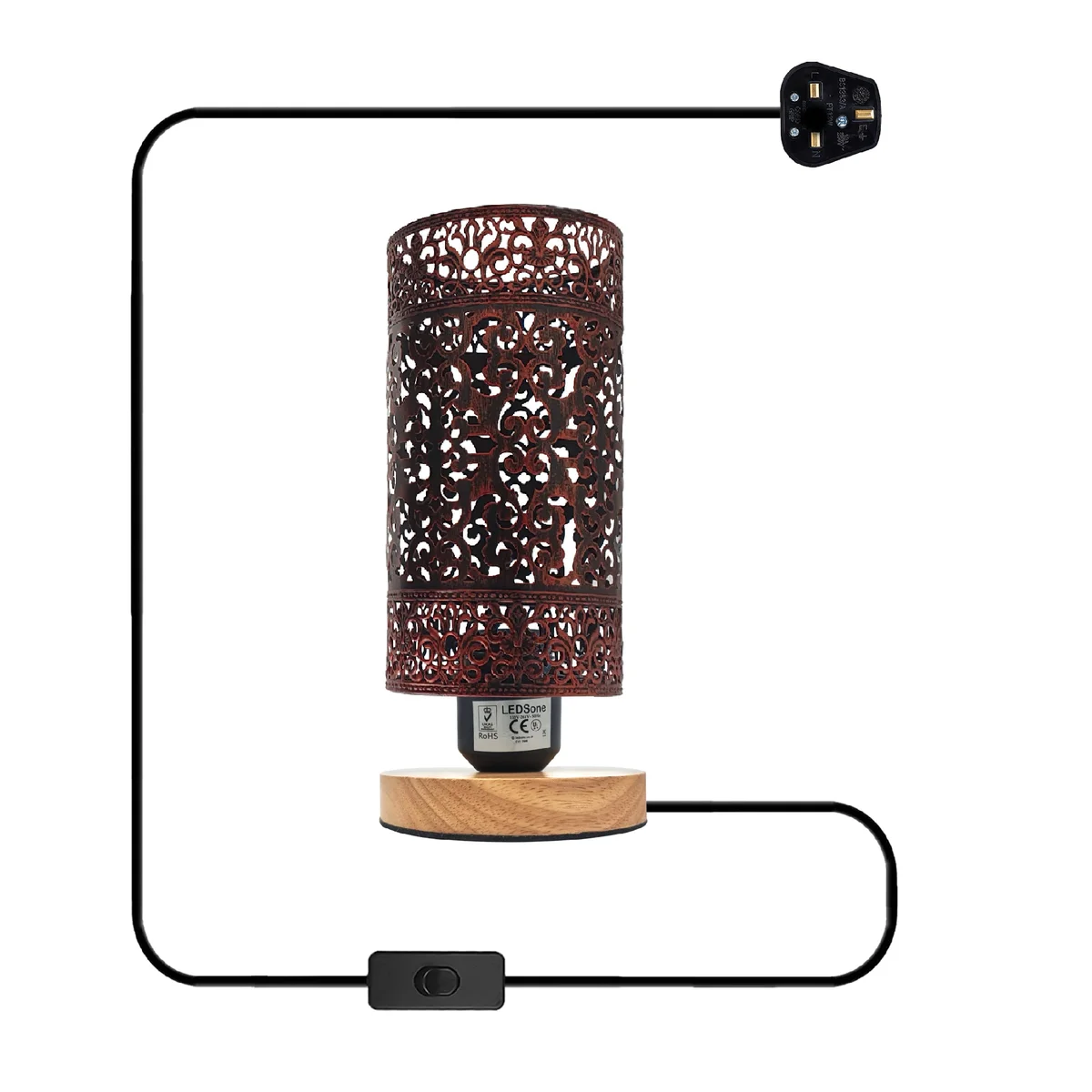 Wooden base table lamp with metal wire cage shade, E27 socket, and 85cm height, ideal for indoor use