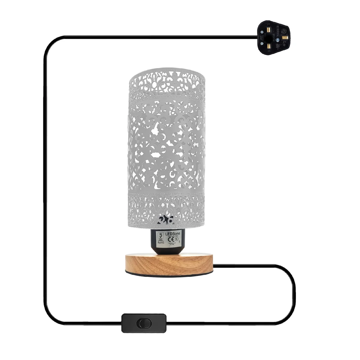 Wooden base table lamp with metal wire cage shade, E27 socket, and 85cm height, shown on a neutral background