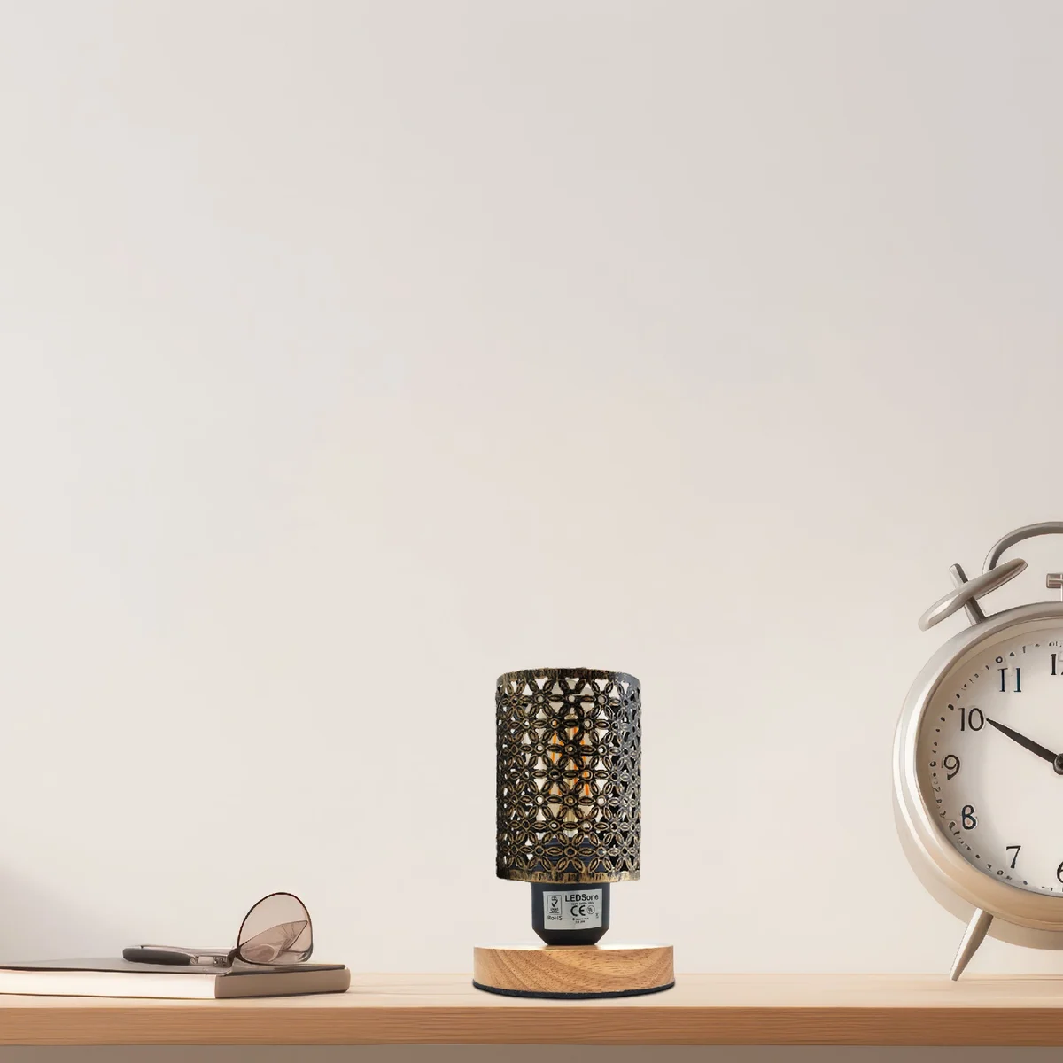 Retro metal wire cage table lamp with wood base, compatible with E27 bulb lamp, shown on wooden surface