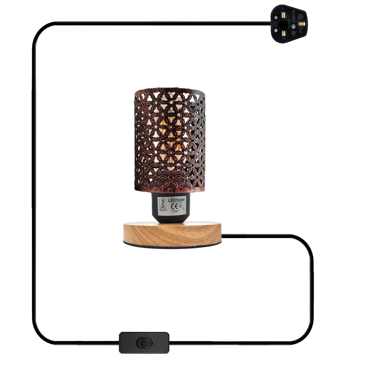 Retro bedside table lamp with metal wire cage shade and natural wood base, shown on a wooden surface