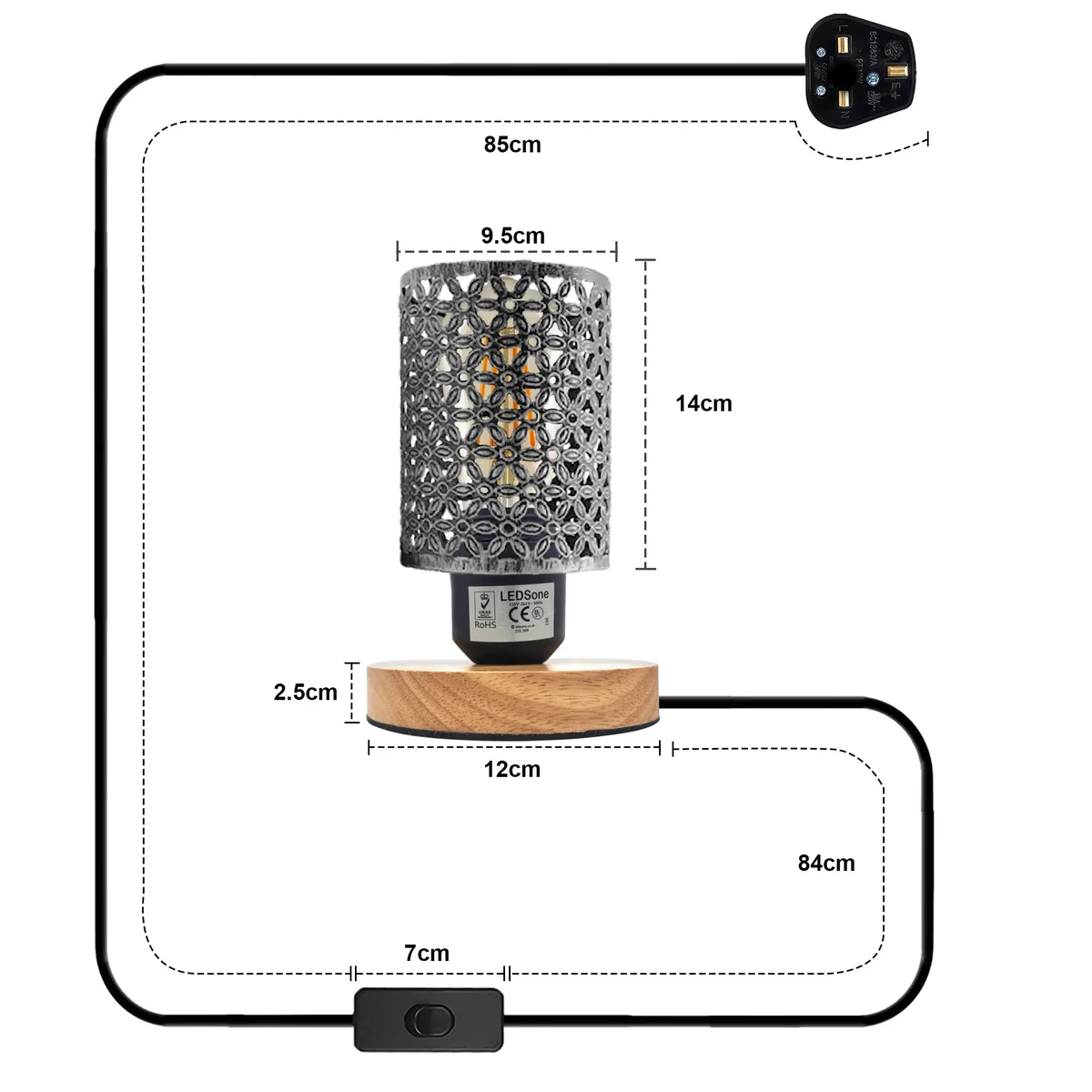 Retro table lamp with metal wire cage shade and natural wood base on a white background, showing full height and cable.