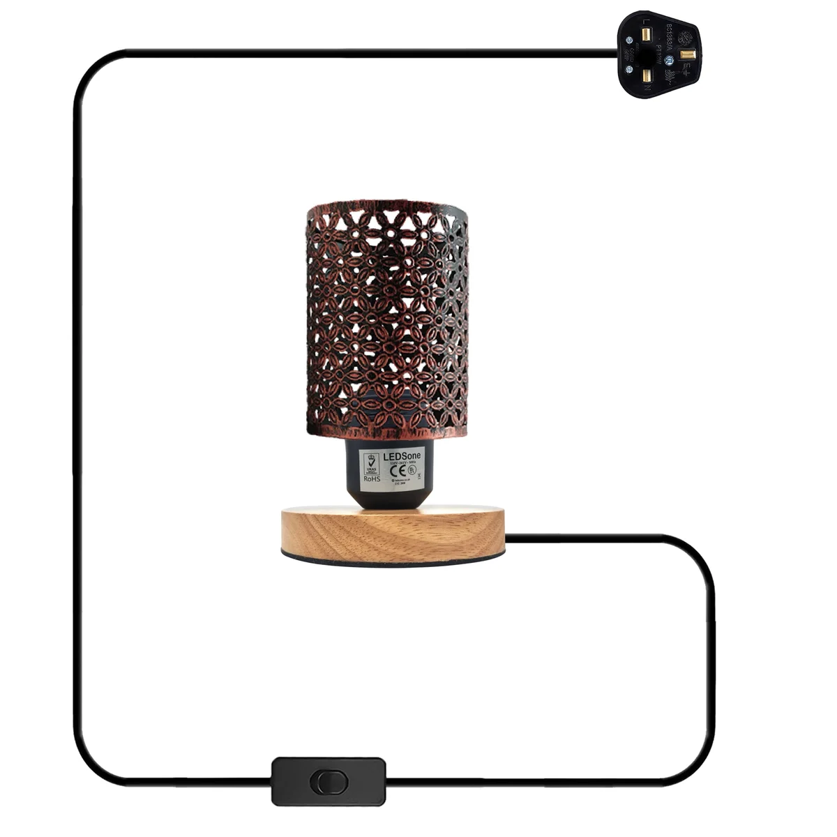 Retro table lamp with metal wire cage shade and natural wood base, featuring an inline on/off switch and E27 socket