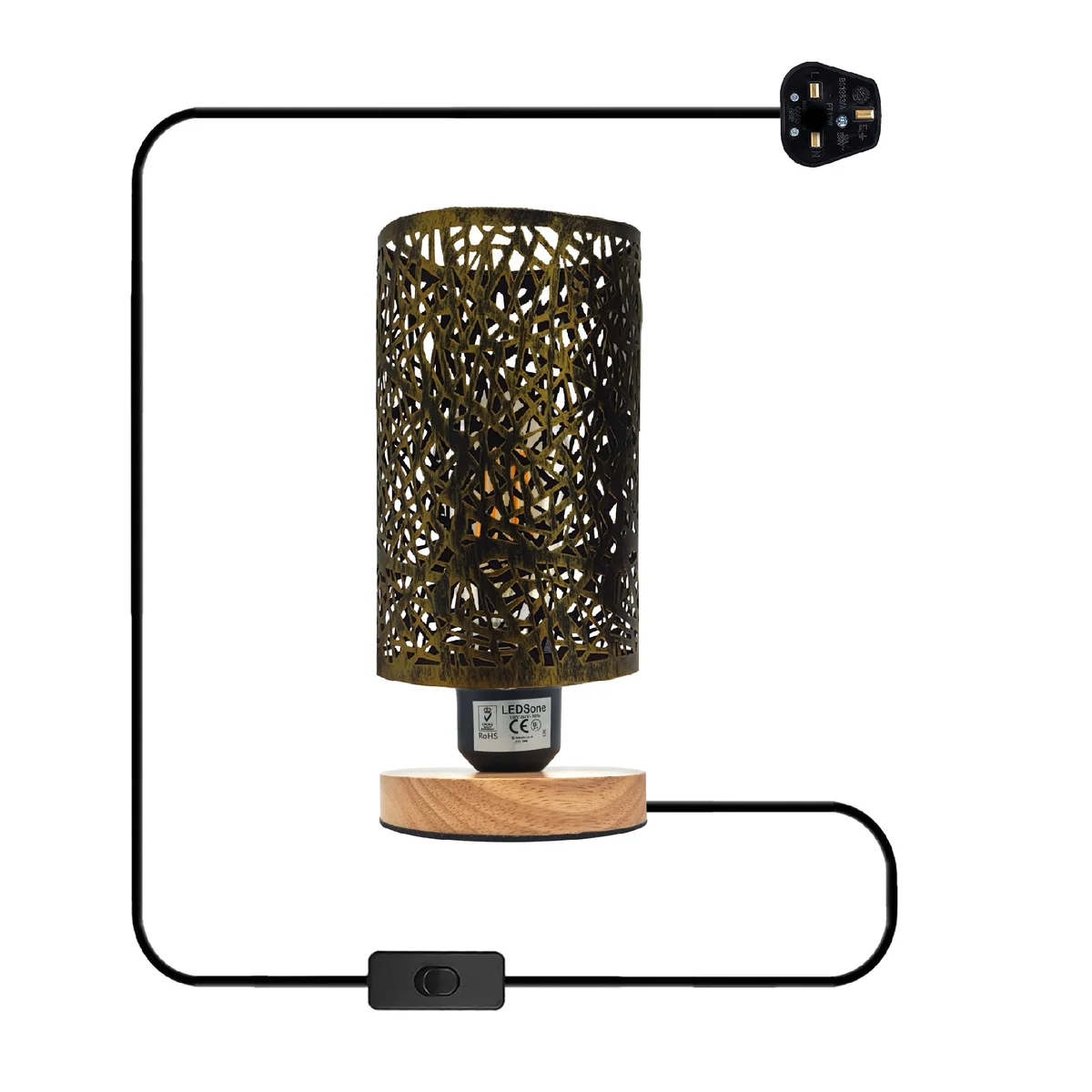 Vintage bedside lamp with metal wire cage shade and natural wooden base, featuring an on/off switch and E27 socket