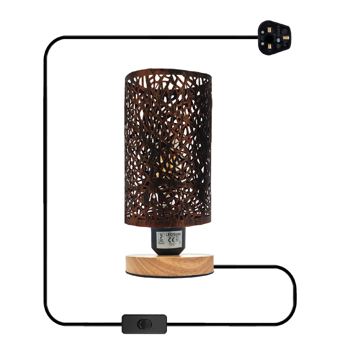 Industrial style LED compatible table lamp with metal wire cage shade and natural wooden base on a white background