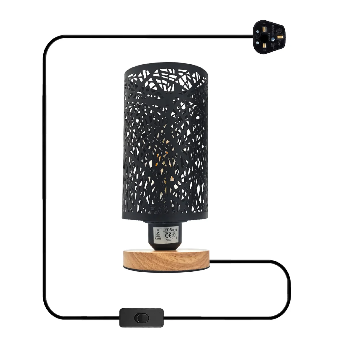 Retro wooden base table lamp with metal wire cage shade and on/off switch, 85cm tall, industrial vintage design