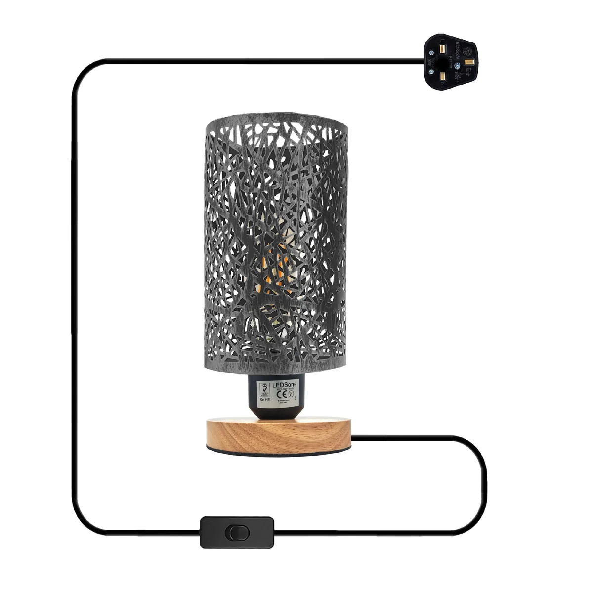 Retro wooden base table lamp with metal wire cage shade and visible E27 bulb socket on adjustable cable