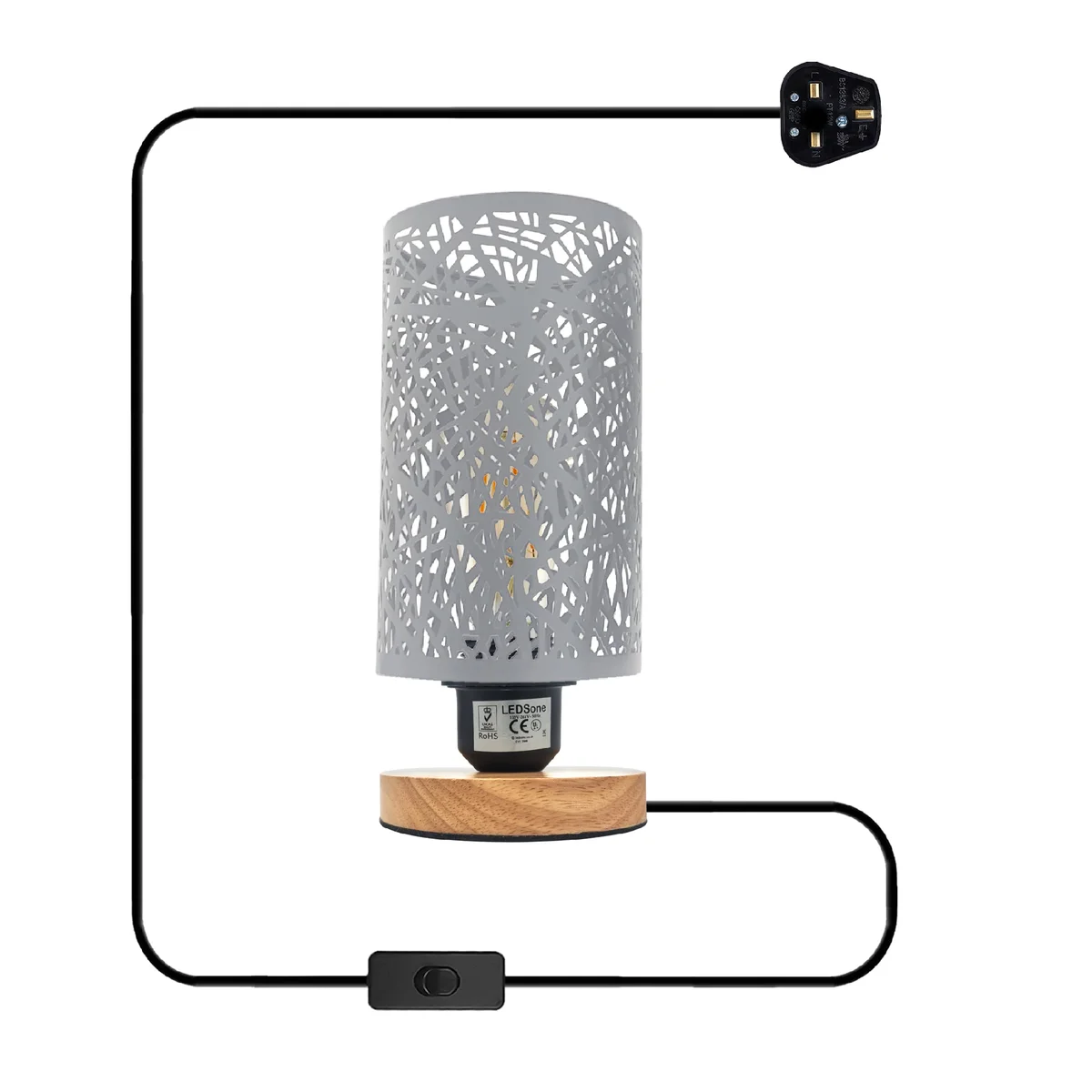 Retro wooden base table lamp with metal wire cage shade and on/off switch on adjustable cable, no bulb included