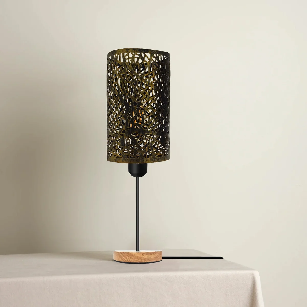 Industrial table lamp with metal wire cage and natural wood base, E27 socket, and 85cm height on white background