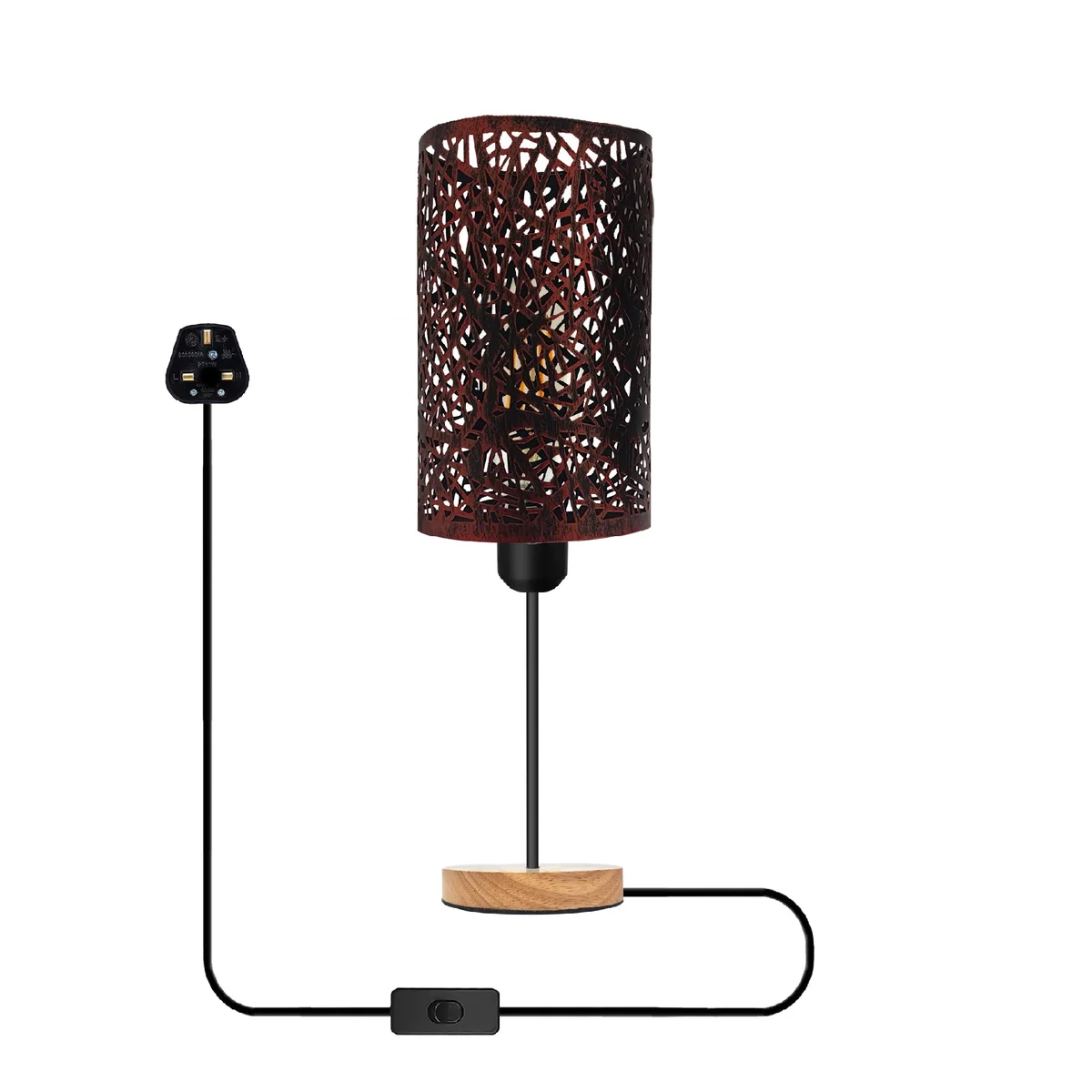 Metal wire cage table lamp with natural wood base and E27 bulb lamp socket on adjustable cable