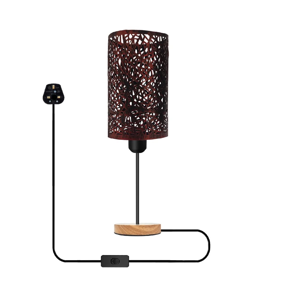 Metal wire cage table lamp with wooden base on bedside table, ideal for stylish bedroom lighting and decor