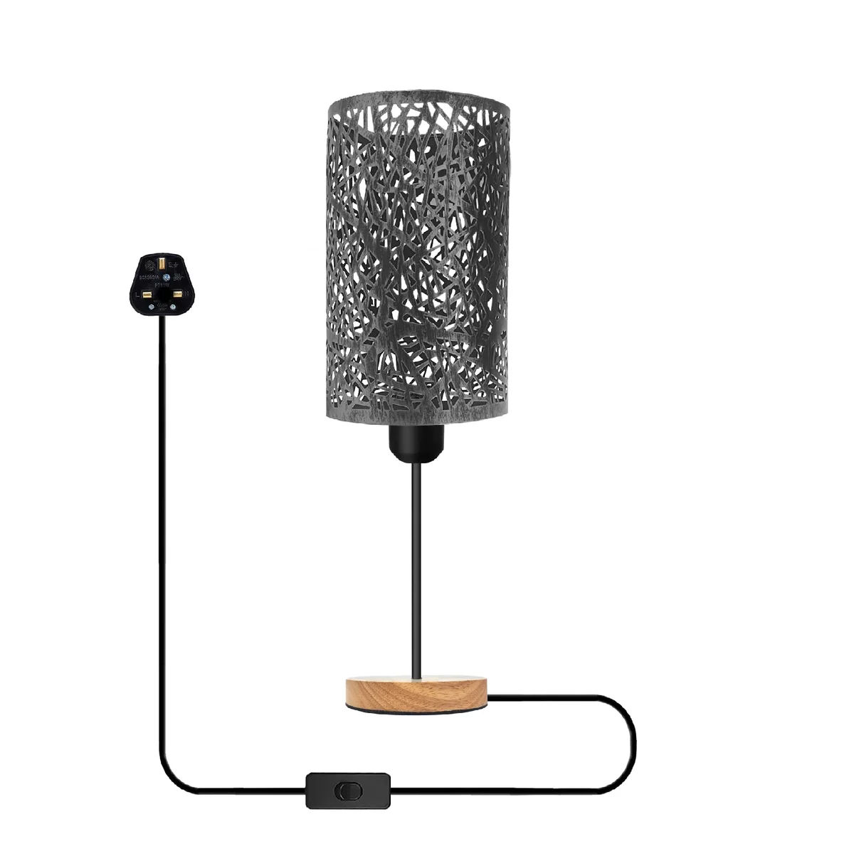 Industrial table lamp with metal wire cage and natural wood base, E27 socket, shown on a wooden surface